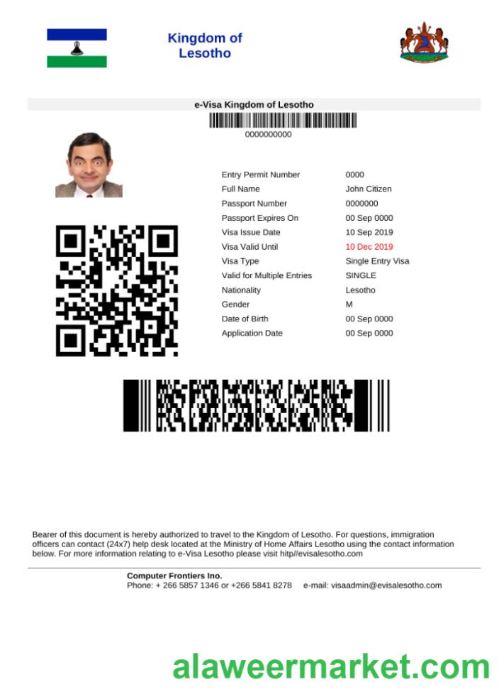Lesotho e-visa in Word and PDF template